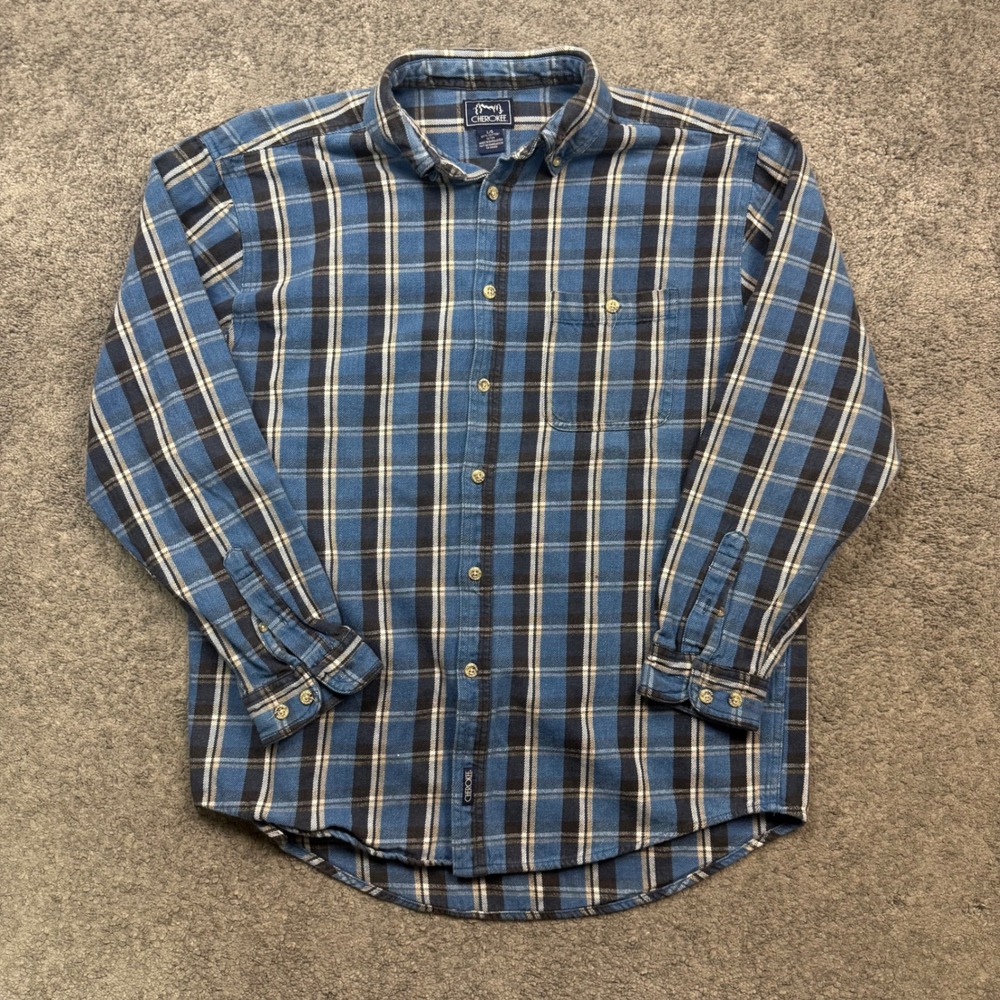 Cherokee Plaid Flannel Shirt Blue Black Size L Large Long Sleeve Casual Rugged